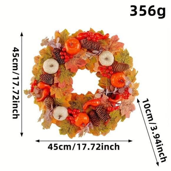 Autumn Pumpkin Berry Wreath - Classic Fall Wall Hanging with Maple Leaves - Picture 6 of 7